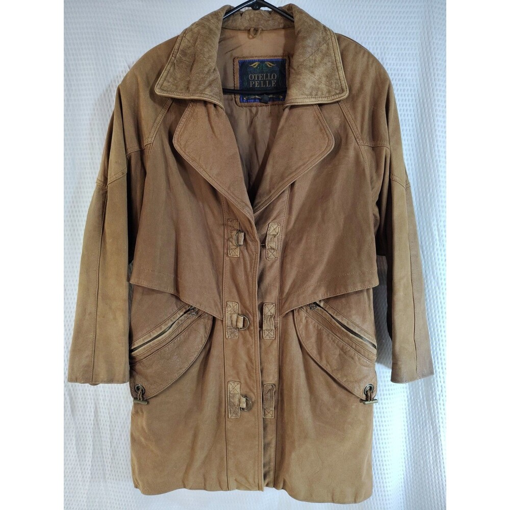 Vintage Otello Pelle Brown Leather Long Car Coat Snaps Pockets M 80s 90s